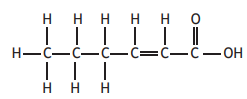 Chemical structure diagram of hexenoic acid, showing carbon, hydrogen, and oxygen atoms with single and double bonds.