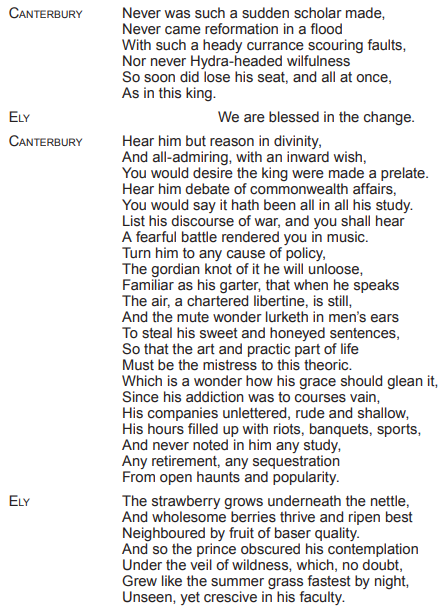 Text from Shakespeare's "Henry V" featuring dialogue between Canterbury and Ely about the king's transformation from a wild youth to a wise ruler.
