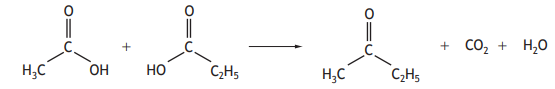 Chemical equation showing acetic acid and propanoic acid combining to form propanone, carbon dioxide, and water.