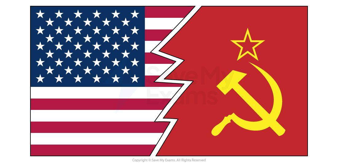 Torn image featuring the United States flag on the left and the Soviet Union flag with hammer and sickle on the right, symbolising Cold War tension.