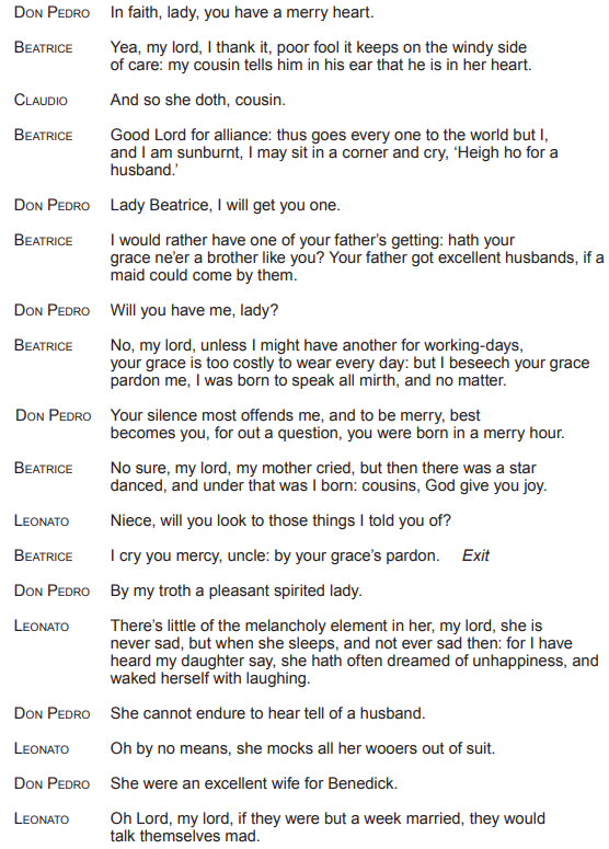 Text excerpt from a play featuring a conversation between characters Don Pedro, Beatrice, Claudio, and Leonato, discussing marriage and personalities.