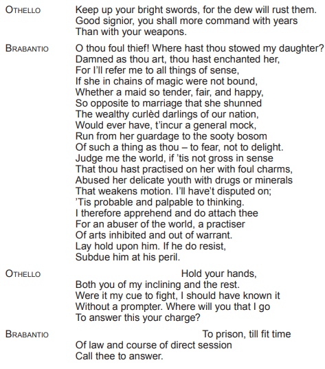 A script excerpt from Shakespeare's "Othello" featuring a dialogue between Othello and Brabantio discussing accusations of enchantment.