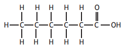 Chemical structure of hexanoic acid, showing a six-carbon chain with hydrogen atoms and a carboxyl group at one end.