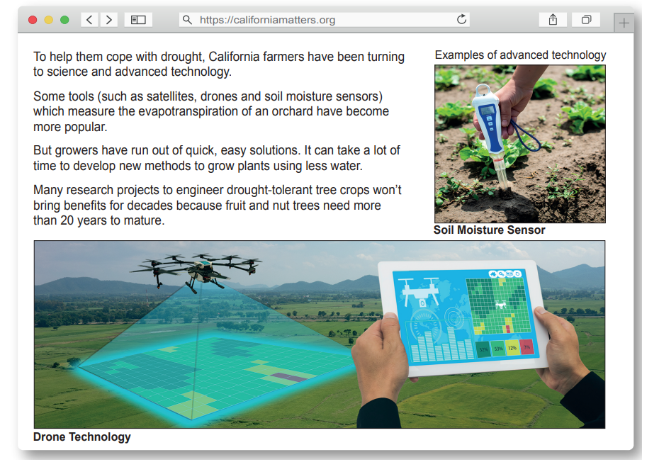 Web page discussing advanced farming tech; top image shows a soil moisture sensor; bottom image depicts drone technology with tablet interface over fields.