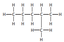 Chemical structure of isopentane, showing a branched chain with five carbon atoms and twelve hydrogen atoms, arranged in a specific molecular geometry.