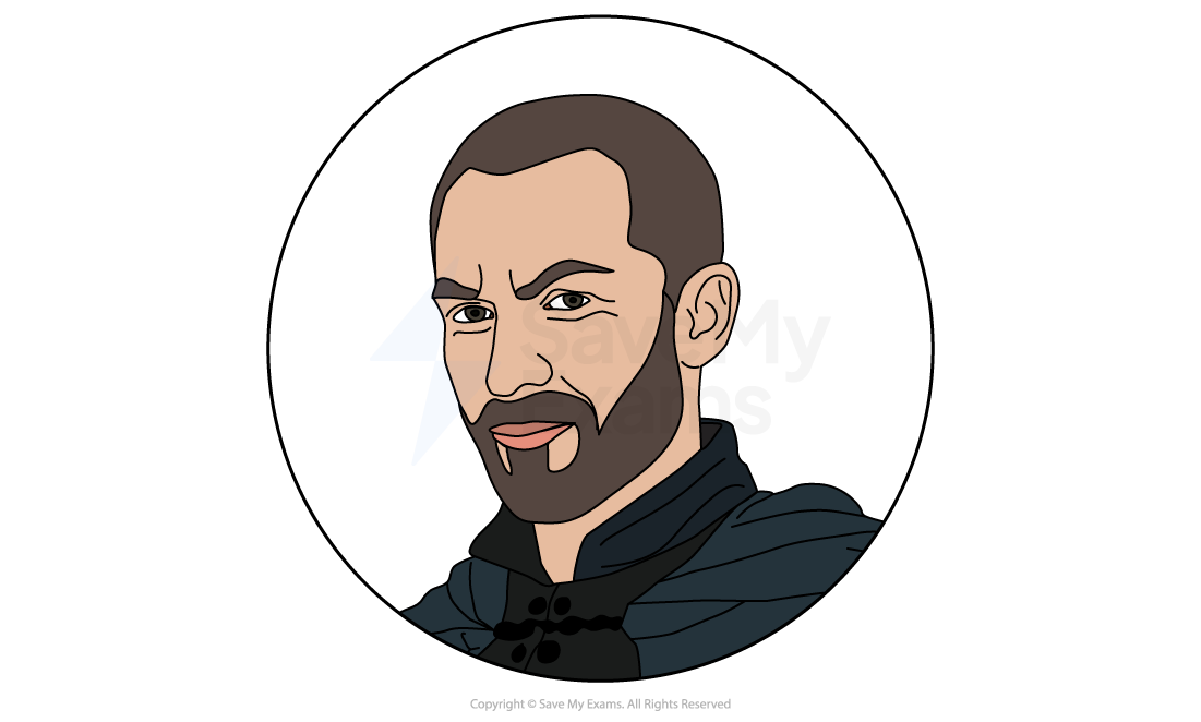 Image of Iago from Othello: Illustration of a man with a beard and close-cropped hair, wearing a dark cloak. He has a devious expression and is inside a circular frame.