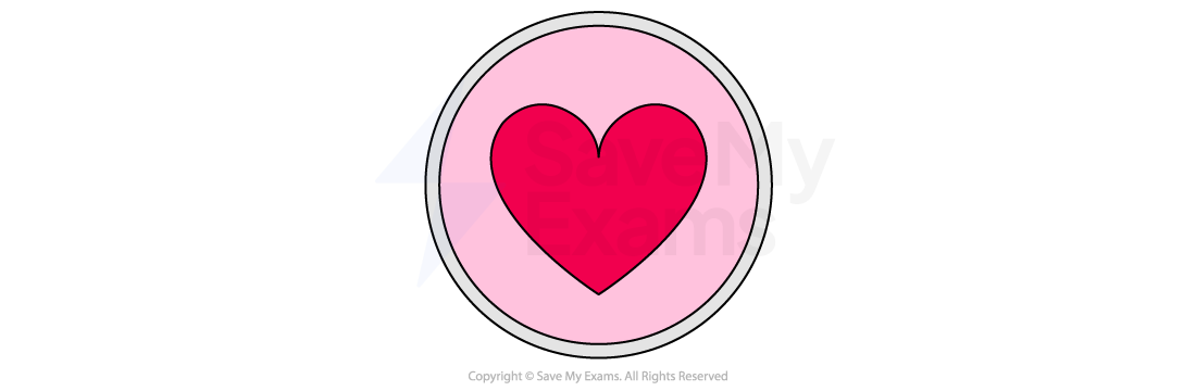 Image symbolising Love and Relationships: Pink heart illustration within a circular pink background, outlined in black, with copyright text at the bottom.