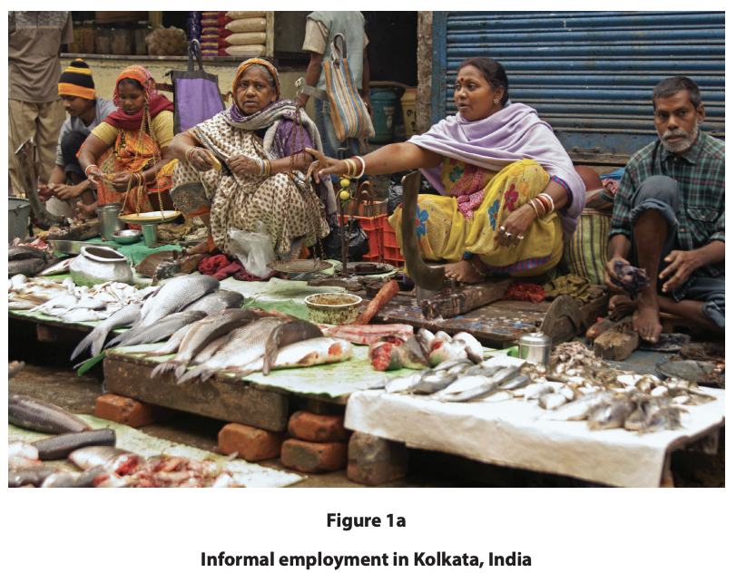 Market vendors in Kolkata, India, sell fresh fish laid out on tables. They're sitting on the ground, surrounded by fish and customers.