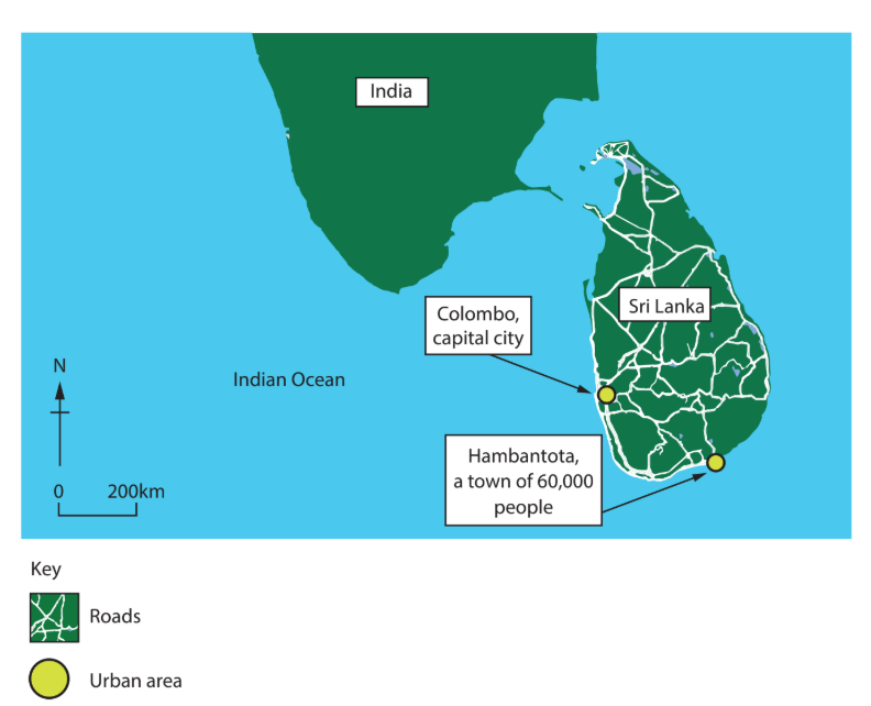 Map showing Sri Lanka and southern India in the Indian Ocean, highlighting Colombo and Hambantota with roads and urban areas marked.