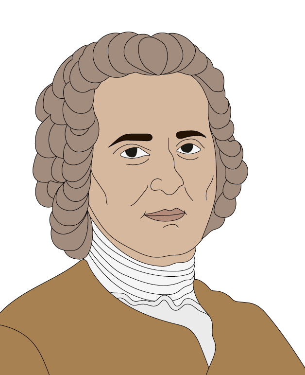 Portrait of a historical figure with curly white hair, wearing a light brown coat and white cravat, against a muted background.