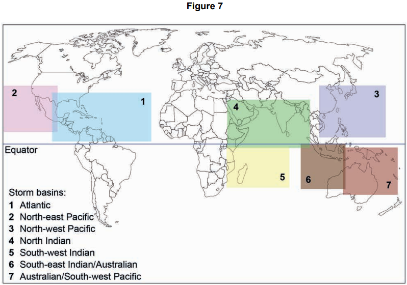 World map showing storm basins: Atlantic, North-east Pacific, North-west Pacific, North Indian, South-west Indian, South-east Indian/Australian, Australian/South-west Pacific.