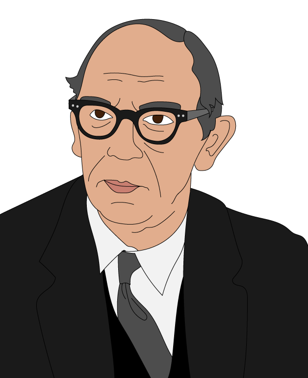 Older man with glasses and a receding hairline, wearing a suit and tie, seated in an indoor setting with bookshelves blurred in the background.