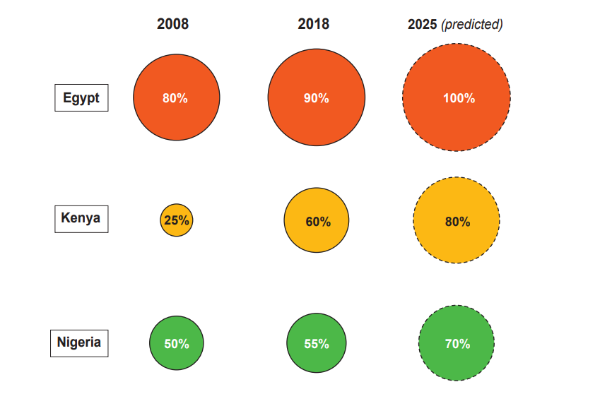 Diagram comparing internet usage percentages in Egypt, Kenya, and Nigeria for 2008, 2018, and predicted 2025, with varying circle sizes and colours.