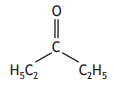 Skeletal structure of butanone molecule showing carbonyl group with a central carbon double-bonded to oxygen, and single bonds to ethyl groups on either side.