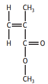 Structural formula of methyl methacrylate, showing carbon atoms connected with double and single bonds, methyl groups, and an ester functional group.