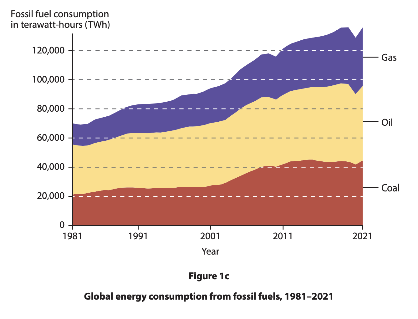 Stacked area chart showing global fossil fuel consumption from 1981 to 2021 in TWh, with gas, oil, and coal usage each increasing over time.