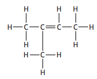 Chemical structure of 2-methyl-2-butene with five carbon atoms and eight hydrogen atoms, showing a branched chain and a double bond.