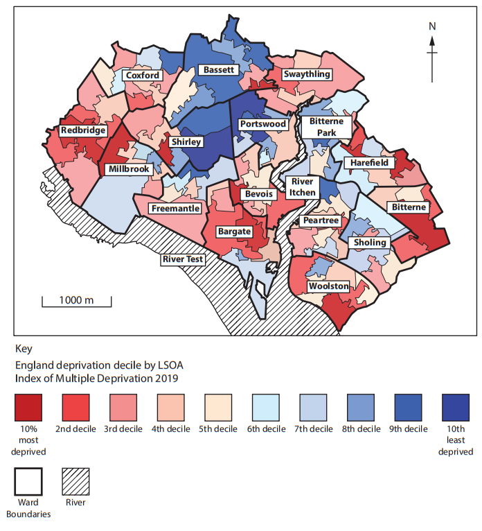 Map of deprivation deciles in an English area, 2019. Wards shown in colours from red (most deprived) to blue (least), with boundaries and rivers marked.