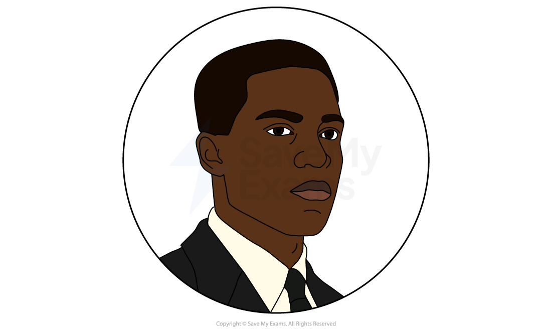 Image of Leland from Blues for an Alabama Sky: Illustration of a serious-looking man in a suit and tie within a circular frame, with a neutral expression and short hair.