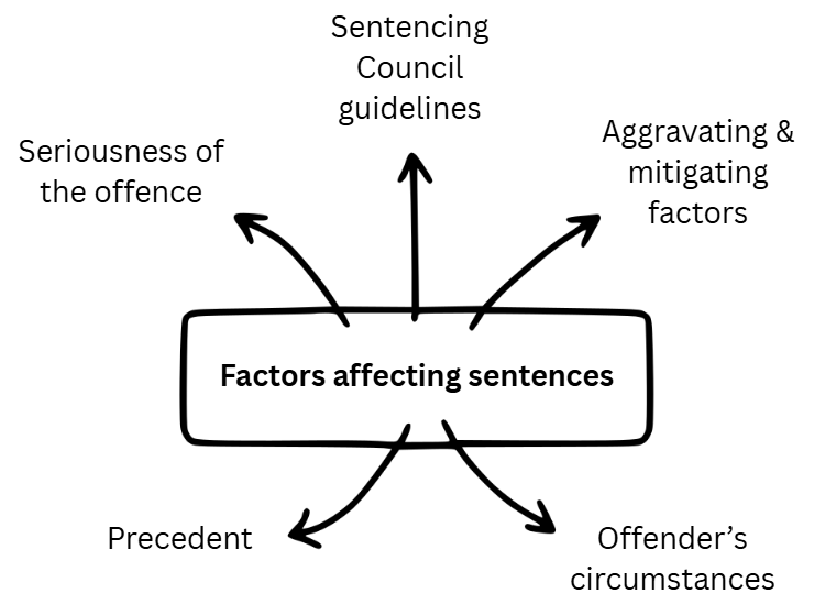 Diagram showing factors affecting sentences: seriousness, guidelines, aggravating and mitigating factors, offender's circumstances, and precedent.