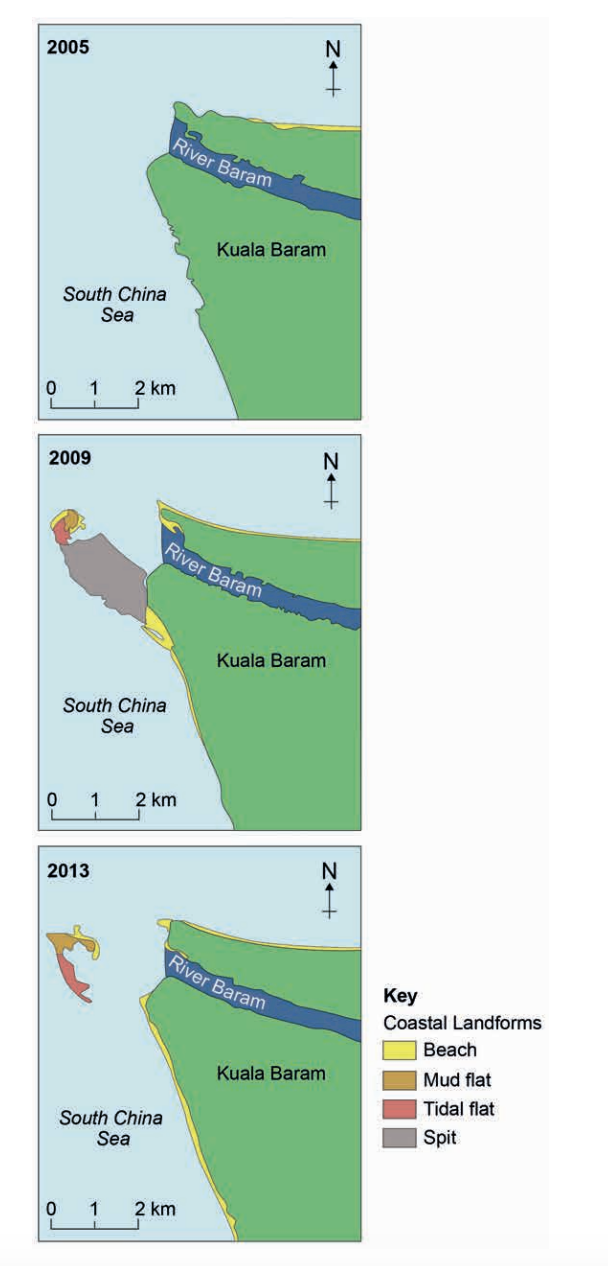 Three maps from 2005, 2009, and 2013 depict coastal changes at Kuala Baram, showing beach, mud flat, tidal flat, and spit formations along the South China Sea.