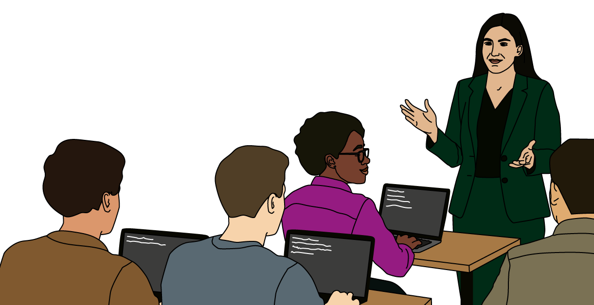 Woman in a suit speaking to a diverse group of students using laptops in a classroom setting.