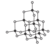Diagram of a complex interconnected network with black and grey nodes connected by lines, forming a three-dimensional geometric structure.