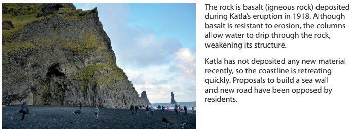 Cliff of basalt rock formed by Katla's 1918 eruption, with people on a black sand beach. Text explains erosion and resistance to proposed constructions.