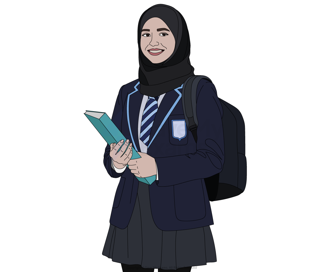 A student wearing a hijab and a school uniform, holding a book. She has a backpack and is smiling, with a blazer, tie, and pleated skirt.
