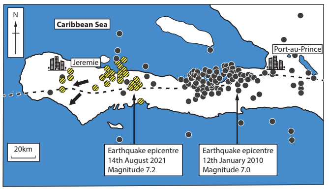 Map of Haiti showing earthquake epicentres near Jérémie and Port-au-Prince in 2021 and 2010, with magnitude 7.2 and 7.0, respectively.