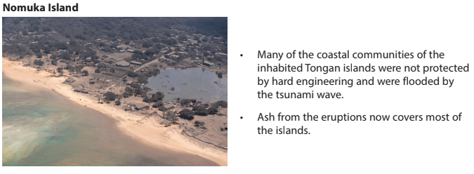 Aerial view of Nomuka Island showing flooded areas and ash-covered land. Sandy beach on the left, with scattered structures and vegetation inland.
