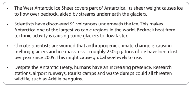 Bullet points about the West Antarctic Ice Sheet, volcanic activity, climate change impacts, and human presence affecting wildlife in Antarctica.