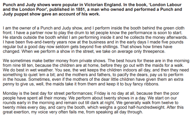Text excerpt from "London Labour and the London Poor" (1851) describing a Punch and Judy show owner's account of performing, earnings, and challenges.