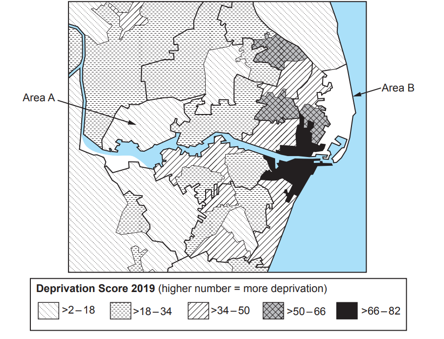 Map showing deprivation scores for 2019, with areas shaded from light to dark indicating increasing deprivation. Areas A and B are labelled.