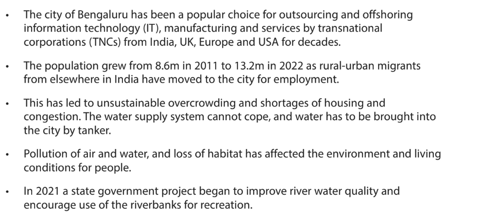 Bullet points describing Bengaluru's growth and challenges, including population increase, congestion, environmental impact, and government river project in 2021.