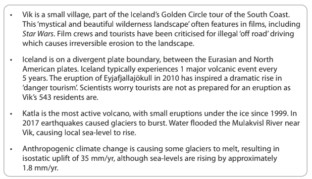 Bullet points detailing Vik's location, impact of tourism, volcanic activity, and climate change effects on glaciers and sea levels in Iceland.