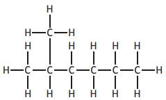 Chemical structure of 3-methylpentane with carbon and hydrogen atoms, including a branched carbon chain.