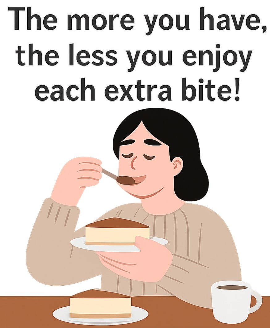 A person enjoys cake with a spoon, holding a slice on a plate with a coffee nearby. Text above reads, "The more you have, the less you enjoy each extra bite!"