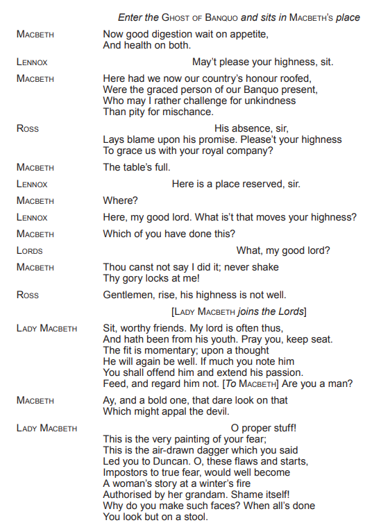 Text from Shakespeare's "Macbeth," Act 3, Scene 4. Characters Macbeth, Lennox, Ross, Lady Macbeth, and Lords discuss Banquo's ghost appearing.