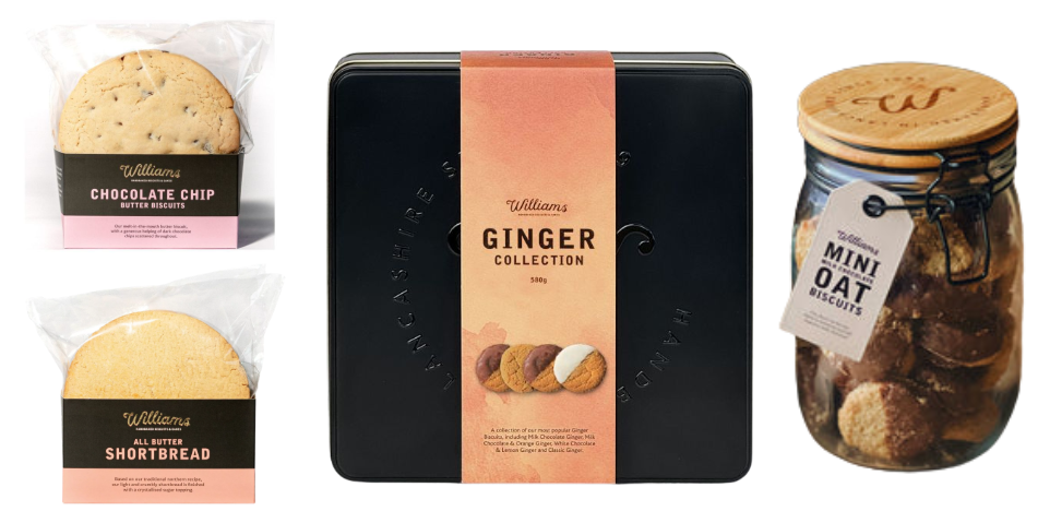 Variety of biscuit packaging including chocolate chip and shortbread in clear wraps, a black tin labelled ginger collection, and a glass jar of mini oat biscuits.