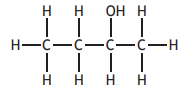 Structural formula of butanol, showing a four-carbon chain with hydrogen atoms and an OH group attached to the third carbon.