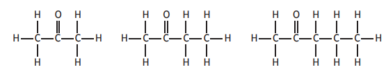 Three ethanol molecular structures in a row, each showing two carbon atoms bonded to hydrogen and hydroxyl groups, illustrating structural formulas.