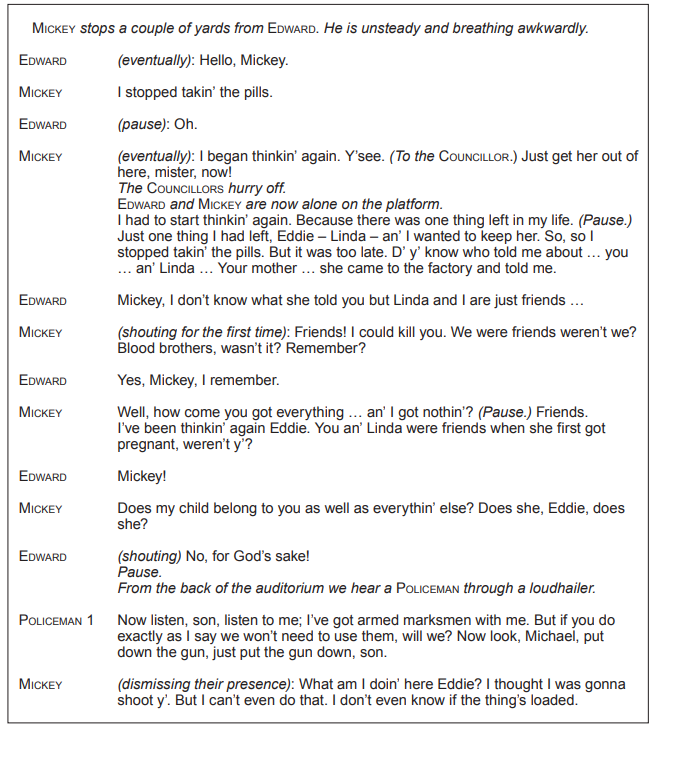 Script excerpt from a play with characters Mickey and Edward in a tense conversation about pills, friendship, and relationships, as police intervene.