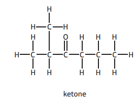 Chemical structure of a ketone molecule, showing carbon, hydrogen, and a single oxygen atom bonded. Underneath, the word "ketone" is written.