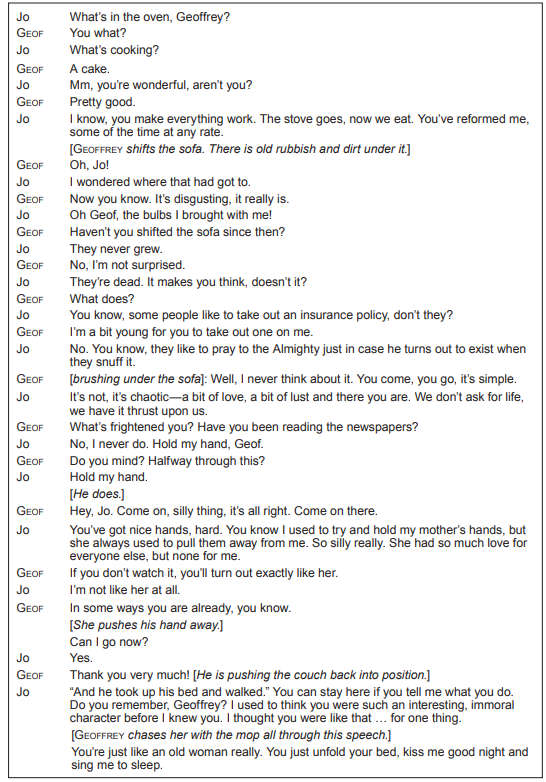 A dialogue script featuring characters Jo and Geof discussing life, cleaning under a sofa, insurance, and relationships, with Jo expressing strong emotions.