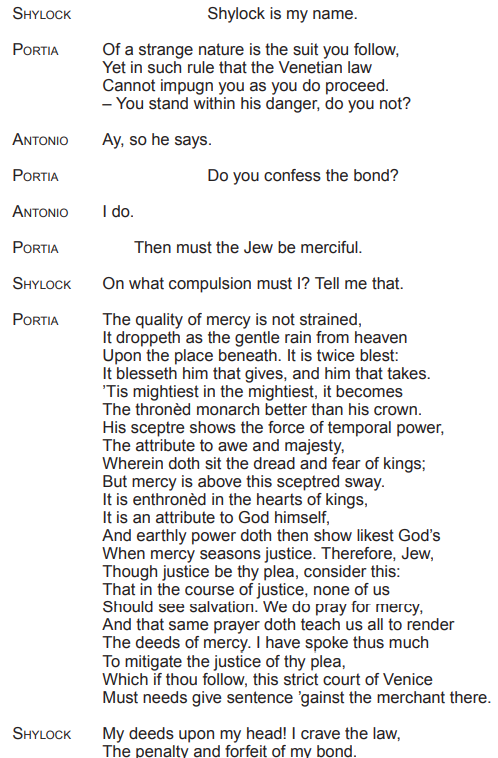 Text from Shakespeare's "The Merchant of Venice": dialogue between characters Shylock, Portia, and Antonio discussing justice, mercy, and the Venetian law.