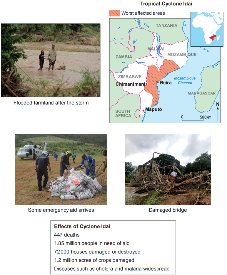 Collage highlighting Cyclone Idai's impact: flooded farmland, aid delivery, damaged bridge, mapped affected areas, and statistics on deaths and destruction.