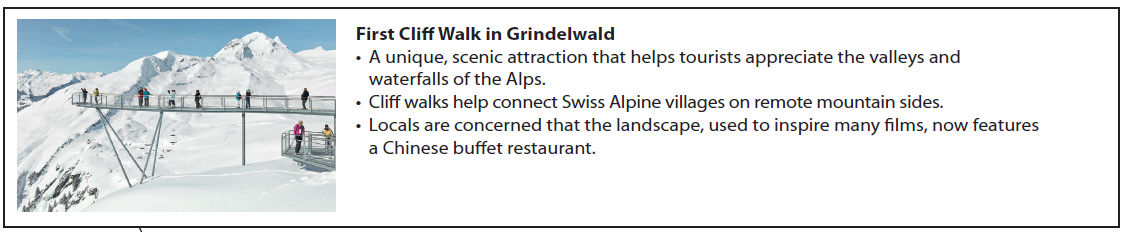 Visitors walk on a metal cliffside path in snowy Grindelwald Alps, with text about its scenic beauty and local concerns over a new Chinese restaurant.