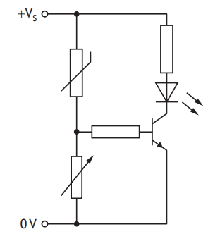 Electronic circuit diagram featuring a potentiometer, resistors, an NPN transistor, and an LED, connected between a positive voltage supply and ground.