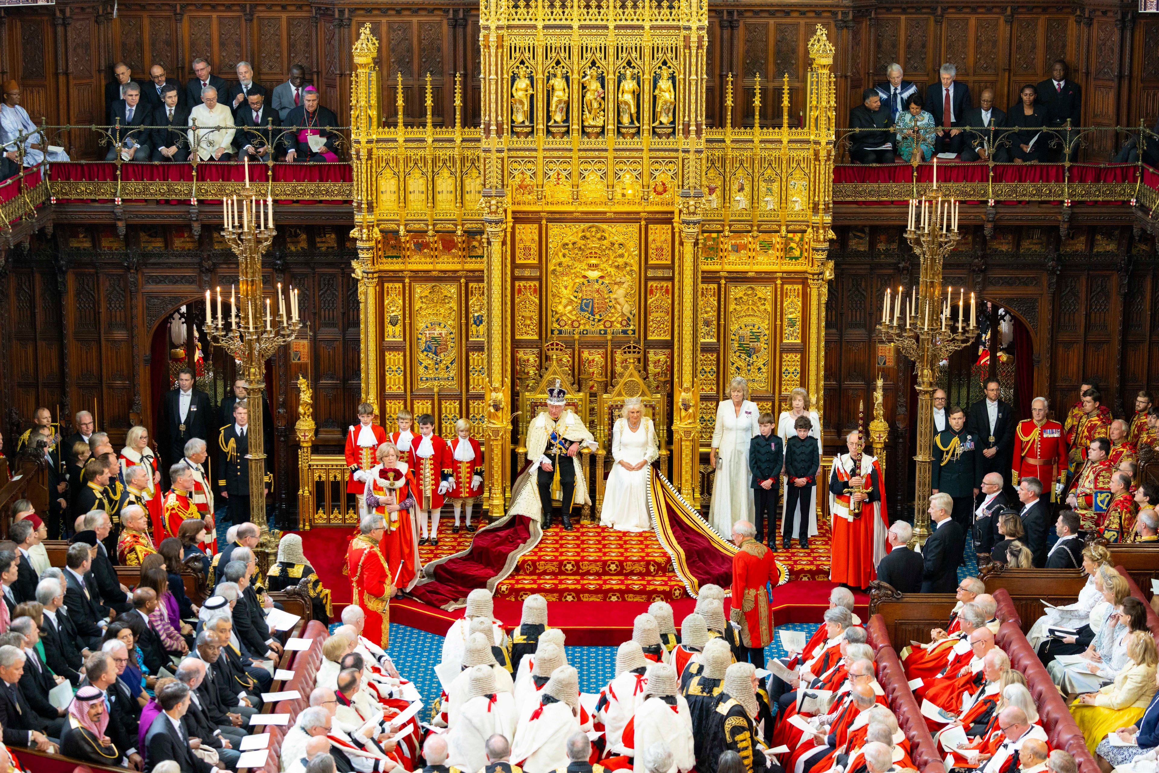 The State Opening of Parliament in 2025, with King Charles III and Queen Camilla in the House of Lords